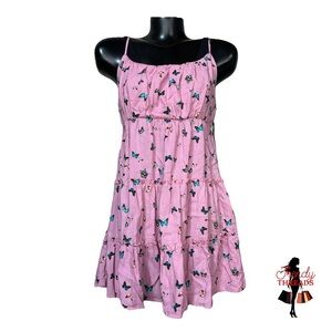 Liberty Love NEW Tiered Mini Summer Dress Butterfly Print Pink Feminine Ruffles